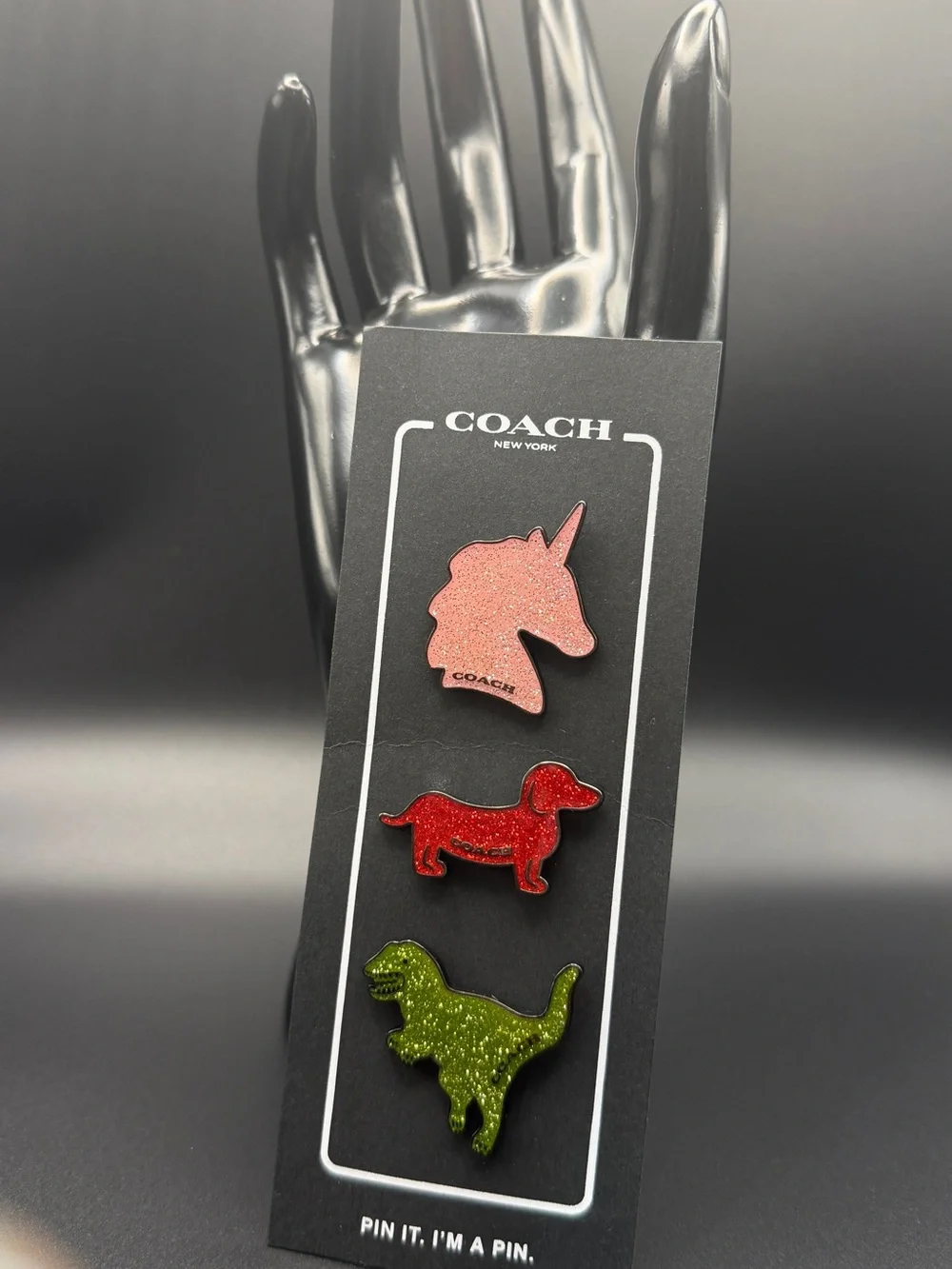Coach Glitter Unicorn Pink, Red Dachshund, Green Dinosaur Enamel Pin Set